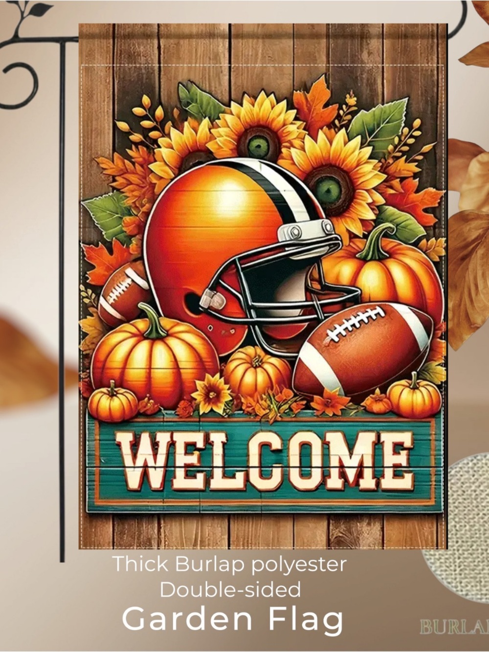 Fall Football Welcome Garden Flag Double-Sided Burlap, approx 12”x18”